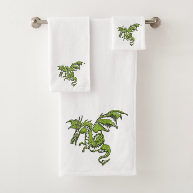 Green Dragon on White Bath Towel Set (Insitu)