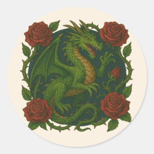 Green Dragon Red Roses Classic Round Sticker