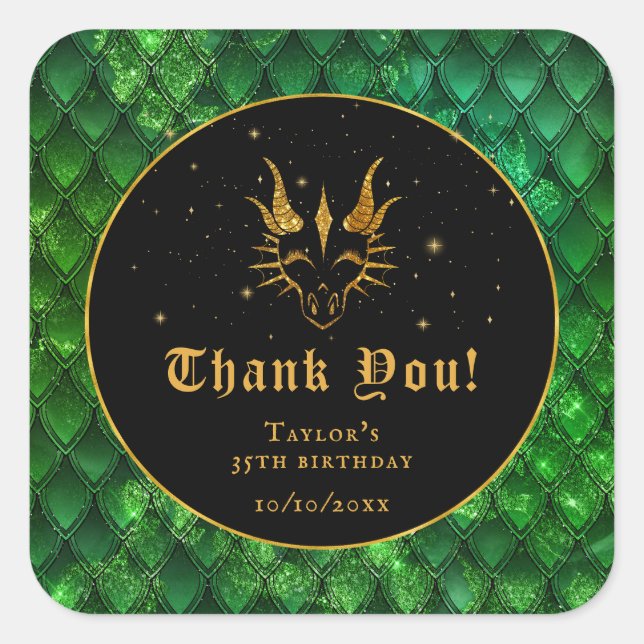 Green Dragon Scales Gold Birthday Thank You Square Sticker (Front)