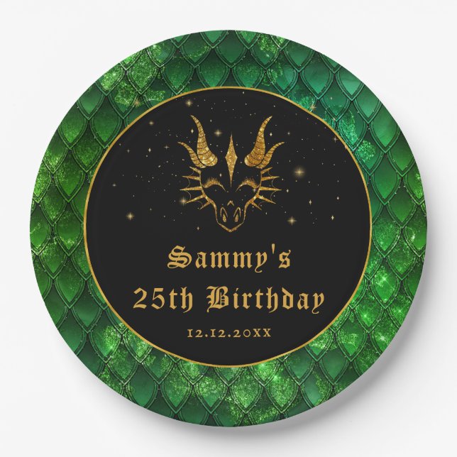 Green Dragon Scales Gold Faux Glitter Birthday Paper Plate (Front)