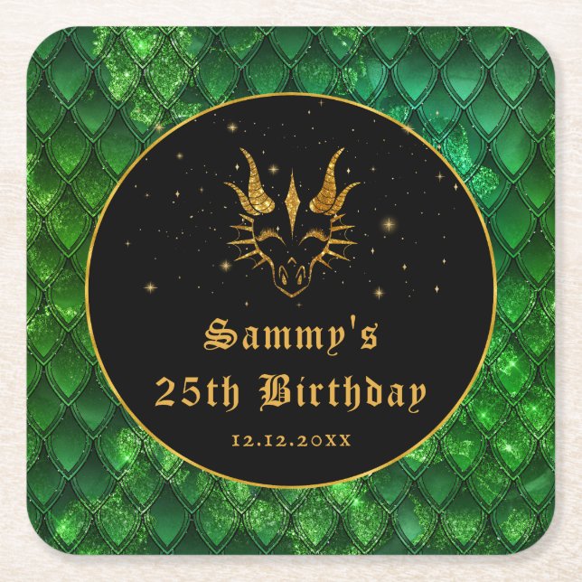 Green Dragon Scales Gold Faux Glitter Birthday Square Paper Coaster (Front)