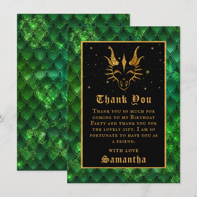 Green Dragon Scales Gold Faux Glitter Birthday Thank You Card (Front/Back)