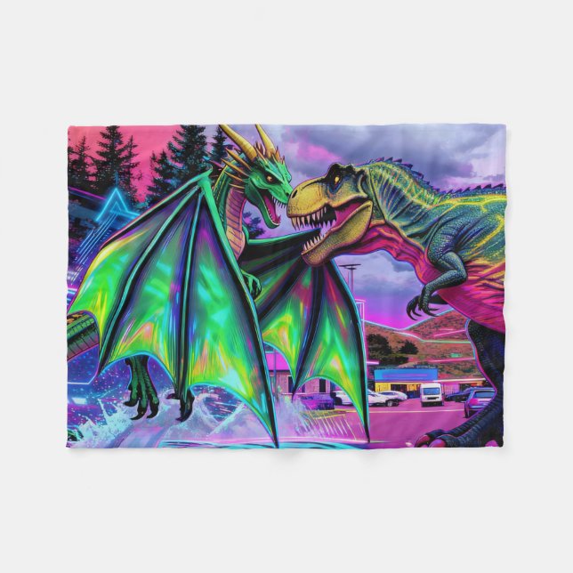 Green Dragon vs Dinosaur Fleece Blanket (Front (Horizontal))