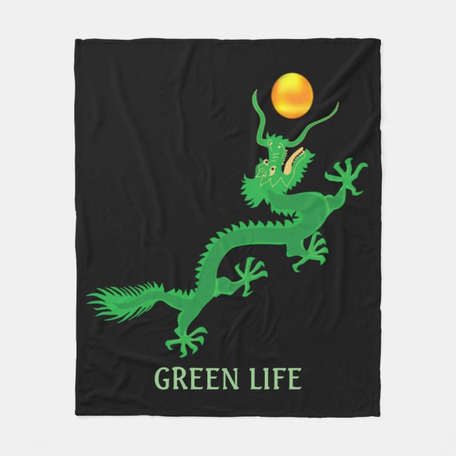 Green Dragon with Golden Sun Ball on Black Fleece Blanket (Front)