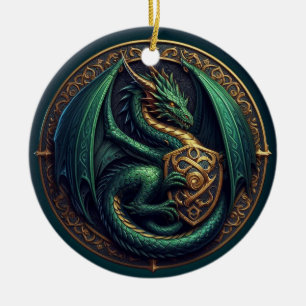 Green Dragon with Shield Ceramic Tree Decoration