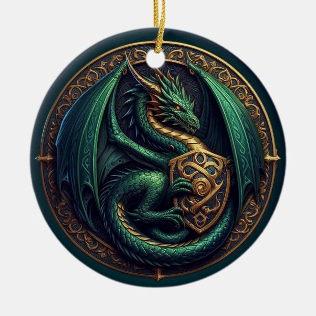 Green Dragon with Shield Ceramic Tree Decoration (Front)