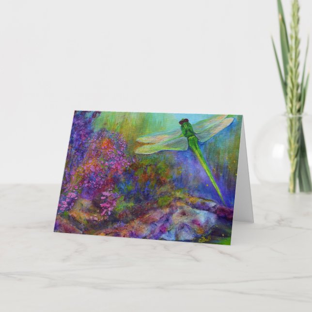 Green Dragonfly Flower Garden Art Card (Front)