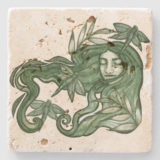 Green Dragonfly Goddess Art Dragonflies Stone Coaster