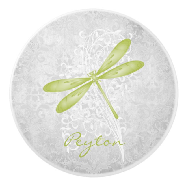 Green Dragonfly Personalised Ceramic Knob (Front)
