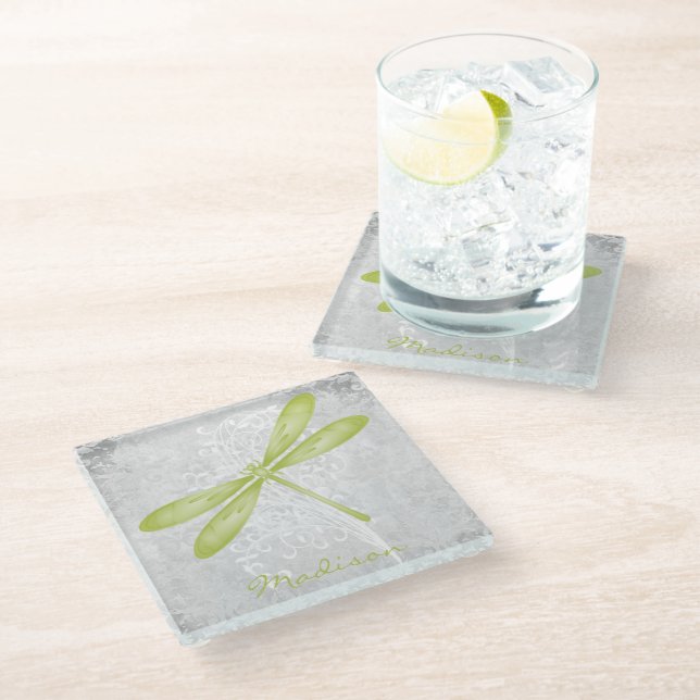 Green Dragonfly Personalised Glass Coaster (Angled)