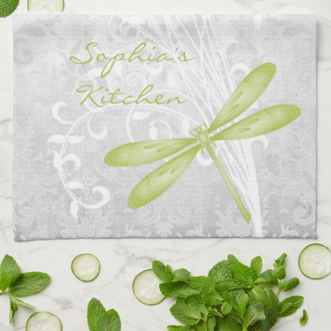 Green Dragonfly Personalised Kitchen Towel (Folded)