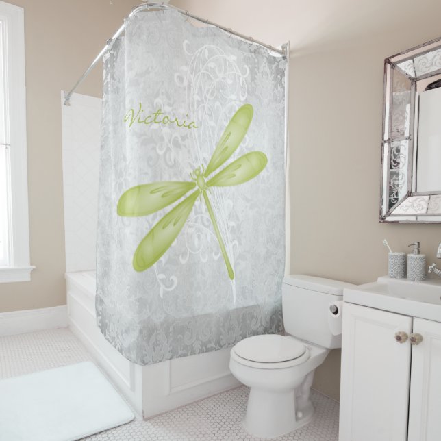 Green Dragonfly Personalised Shower Curtain (In Situ)