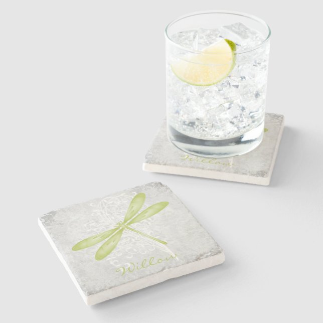 Green Dragonfly Personalised Stone Coaster (Side)