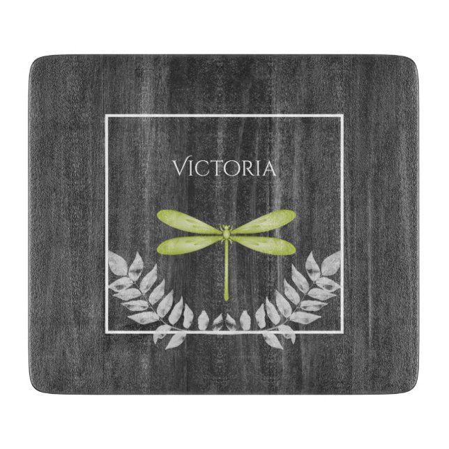 Green Dragonfly Rustic Personalised Cutting Board (Front)