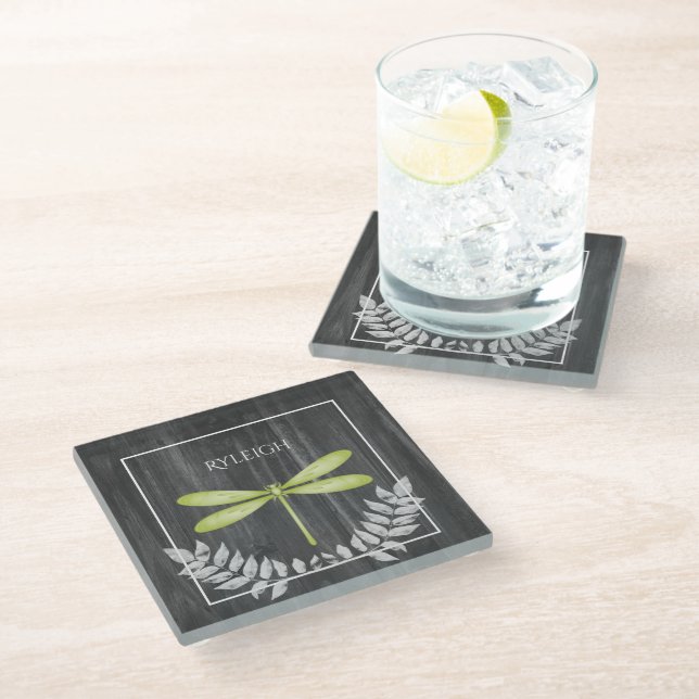 Green Dragonfly Rustic Personalised Glass Coaster (Angled)