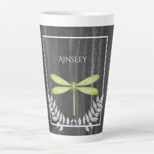 Green Dragonfly Rustic Personalised Latte Mug