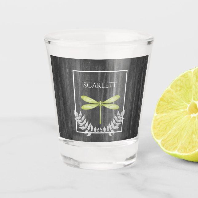 Green Dragonfly Rustic Personalised Shot Glass (Front)
