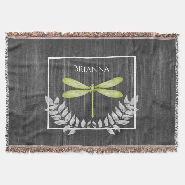 Green Dragonfly Rustic Personalised Throw Blanket (Front)