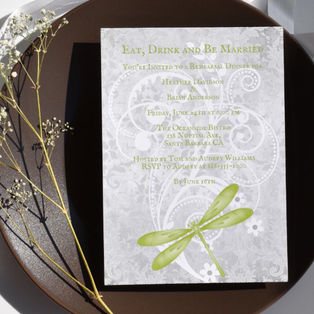 Green Dragonfly Wedding Rehearsal Dinner Invite (Green Dragonfly Wedding Rehearsal Dinner Invitation)