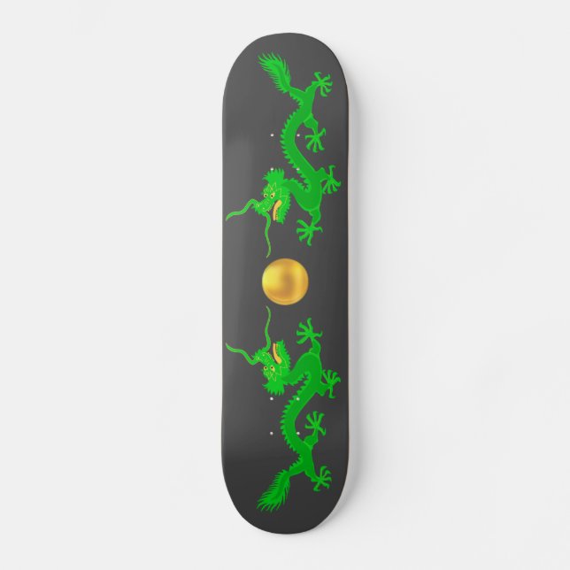 Green Dragons with Golden Ball on Dark Grey Skateboard (Front)