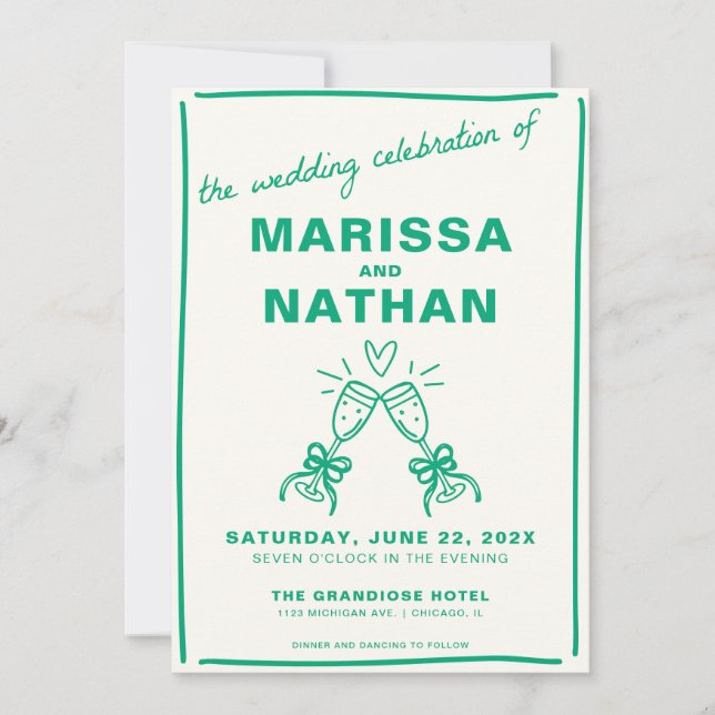 Green Drawn Together Champagne Photo Wedding Invitation (Front)