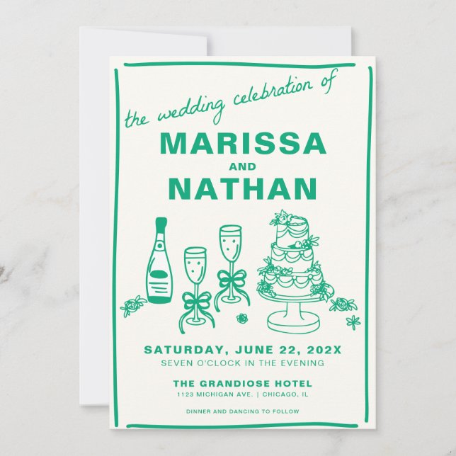 Green Drawn Together with Photo Wedding Invitation (Front)