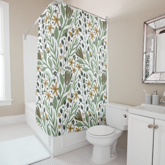 Green Dreamy Floral Pattern Shower Curtain (In Situ)