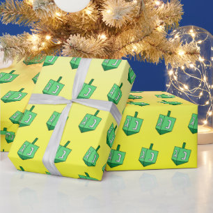 Green Dreidel on Yellow Hanukkah Wrapping Paper