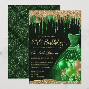 Green Dress and Gold Glitter 21st Birthday Invitation
