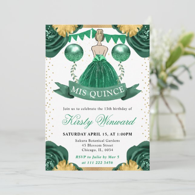 Green Dress Blonde Hair Princess Quinceanera Invitation (Standing Front)