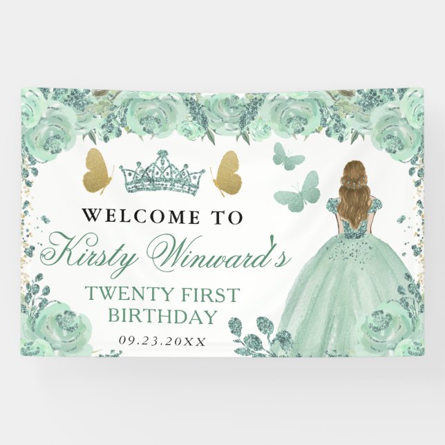 Green Dress Blonde Haired Princess Floral Birthday Banner (Horizontal)
