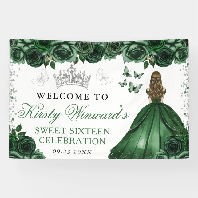 Green Dress Blonde Princess Floral Sweet 16 Banner (Horizontal)
