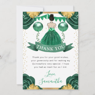 Green Dress Brunette  Haired Princess Quinceanera Thank You Card