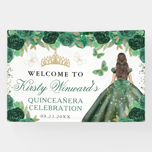 Green Dress Brunette Princess Floral Quinceanera Banner (Horizontal)