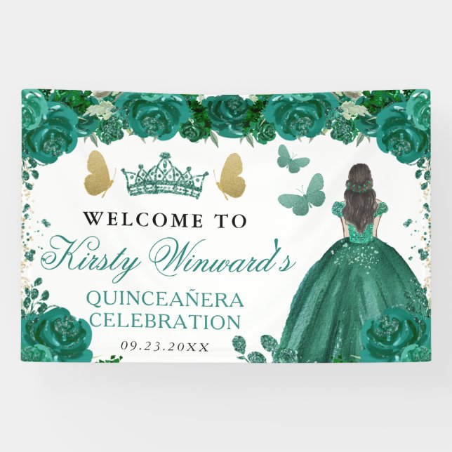Green Dress Brunette Princess Floral Quinceanera Banner (Horizontal)