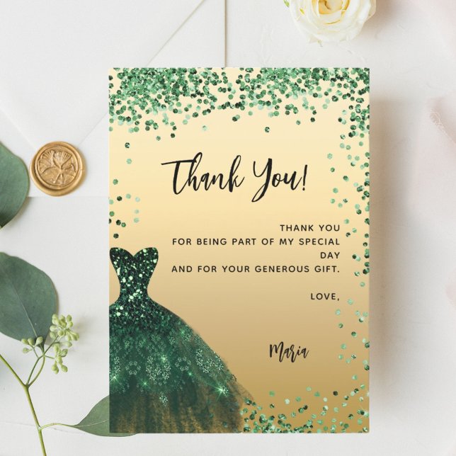 Green dress confetti Quinceanera thank you card (Creator Uploaded)