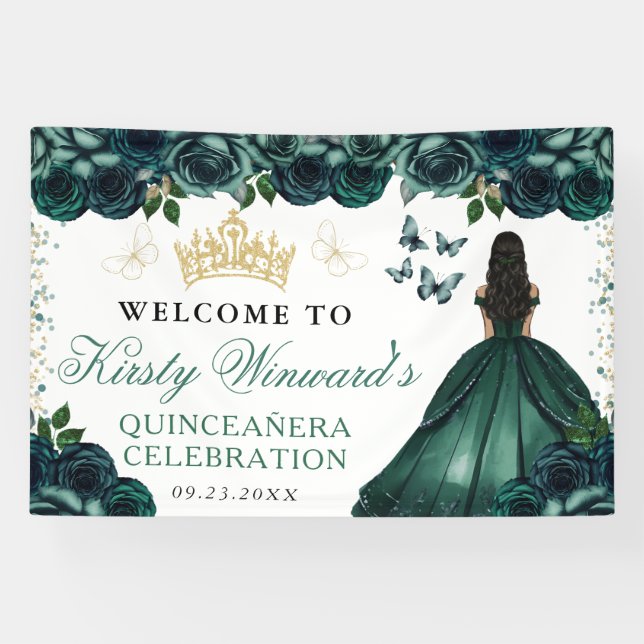 Green Dress Dark Skin Princess Floral Quinceanera Banner (Horizontal)