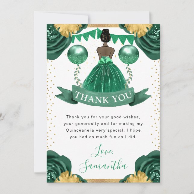 Green Dress Dark Skin Princess Quinceanera Thank You Card (Front)