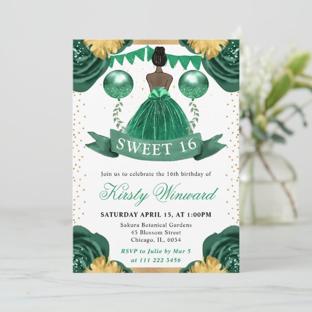 Green Dress Dark Skin Princess Sweet 16 Invitation (Standing Front)