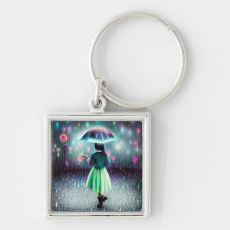 Green Dress Girl in the Rain Key Ring
