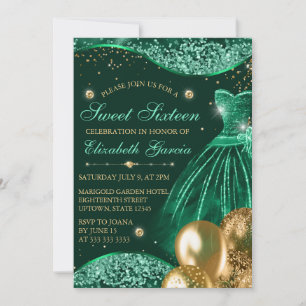 Green Dress & Gold Glitter Balloons Sweet 16 Invitation
