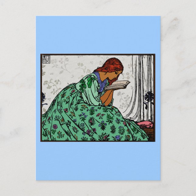 Green Dress Reading Woman Classic Illustration Postcard (Front)