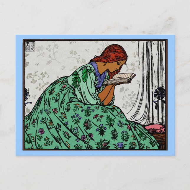 Green Dress Reading Woman Classic Illustration Postcard (Front)