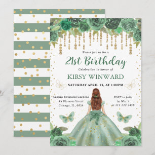 Green Dress Red Haired Princess Birthday Invitation