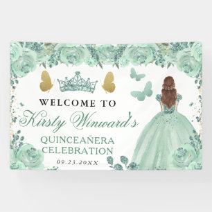 Green Dress Red Haired Princess Floral Quinceanera Banner