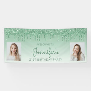 Green Dripping Glitter Two Photo 21st Birthday Banner