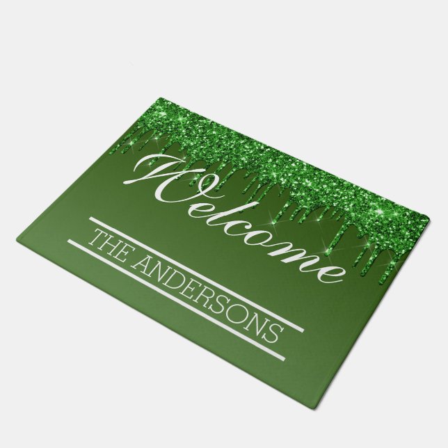Green Dripping Glitter - Welcome Doormat (Angled)