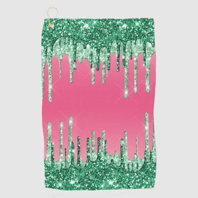 Green Dripping Glitters Chic Pink Watermelon Colou Golf Towel (Front)