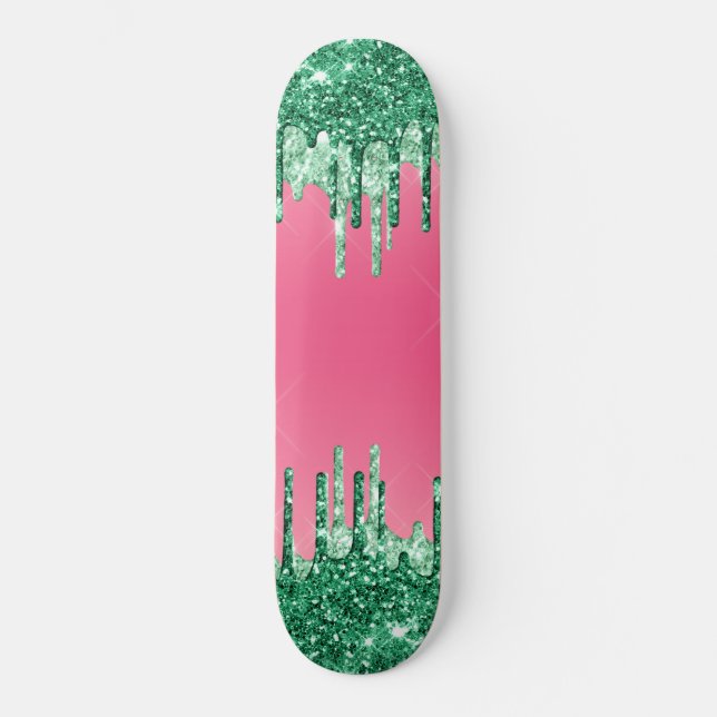 Green Dripping Glitters Chic Pink Watermelon Colou Skateboard (Front)