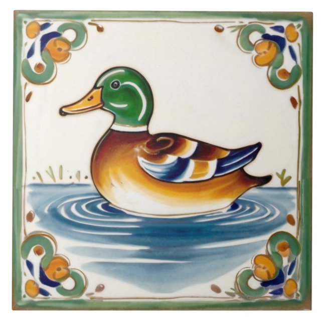 Green Duck European Folk Animal Art Tile (Front)